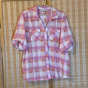C.D. Daniels Womens 2X Pink‎ Orange Plaid Seersucker Roll Tab Button Up Shirt